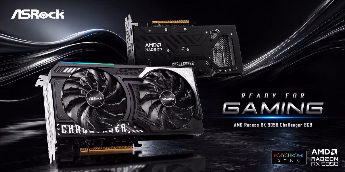 ASRock Radeon RX 9050 Challenger 8GB vista frontalmente e posteriormente